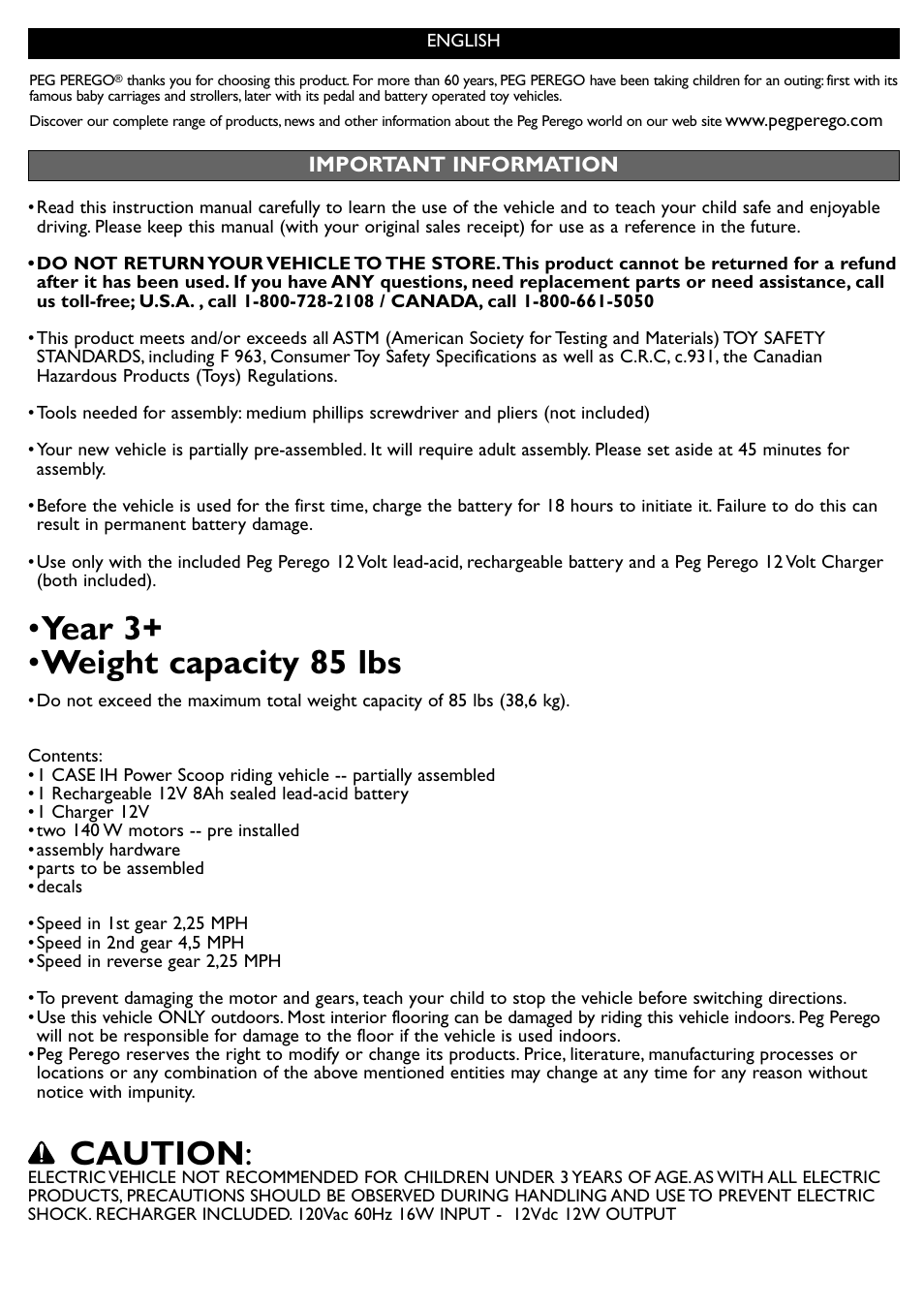 Year 3+ • weight capacity 85 lbs, Caution | Peg-Perego Case IH Power Scoop User Manual | Page 8 / 24