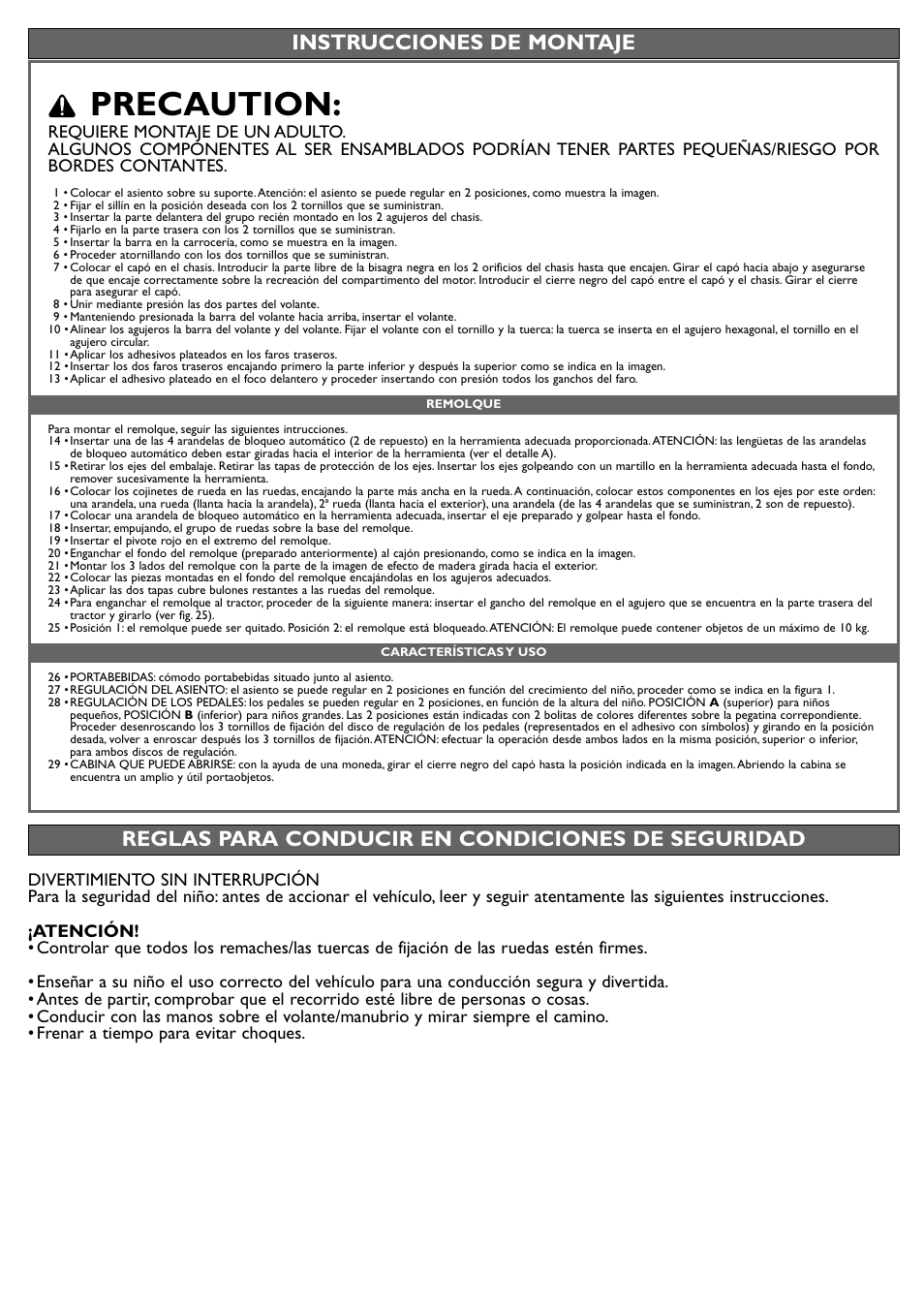 Precaution, Reglas para conducir en condiciones de seguridad, Instrucciones de montaje | Peg-Perego Case IH User Manual | Page 10 / 16