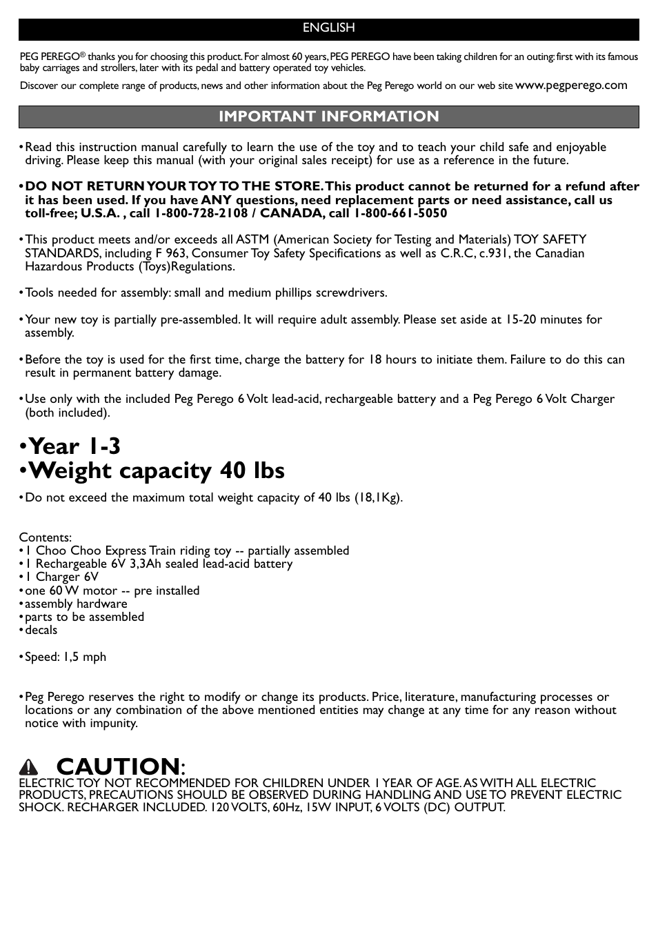 Year 1-3 • weight capacity 40 lbs, Caution | Peg-Perego Choo Expressv User Manual | Page 5 / 20