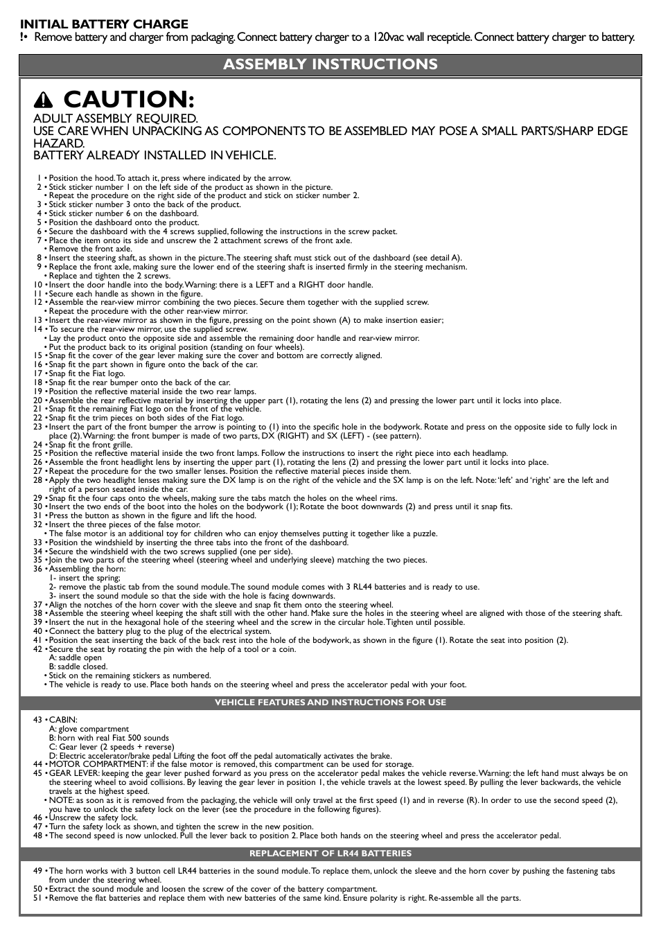 Caution, Assembly instructions | Peg-Perego Fiat 500 User Manual | Page 10 / 24