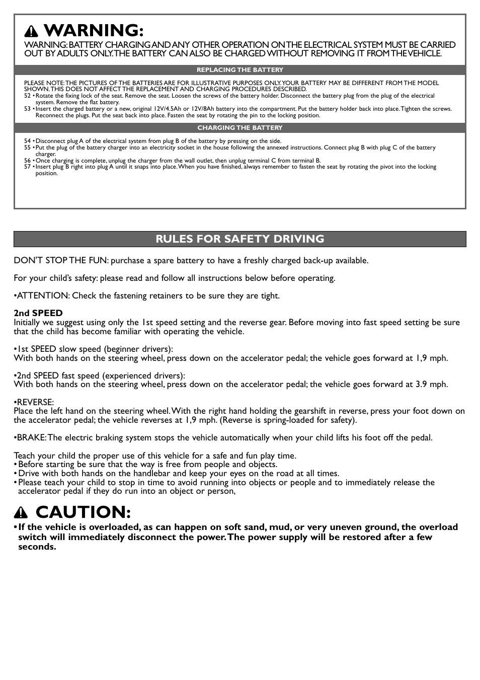 Warning, Caution, Rules for safety driving | Peg-Perego Fiat 500 User Manual | Page 11 / 24