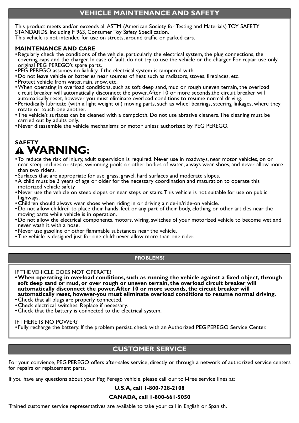 Warning | Peg-Perego Fiat 500 User Manual | Page 12 / 24
