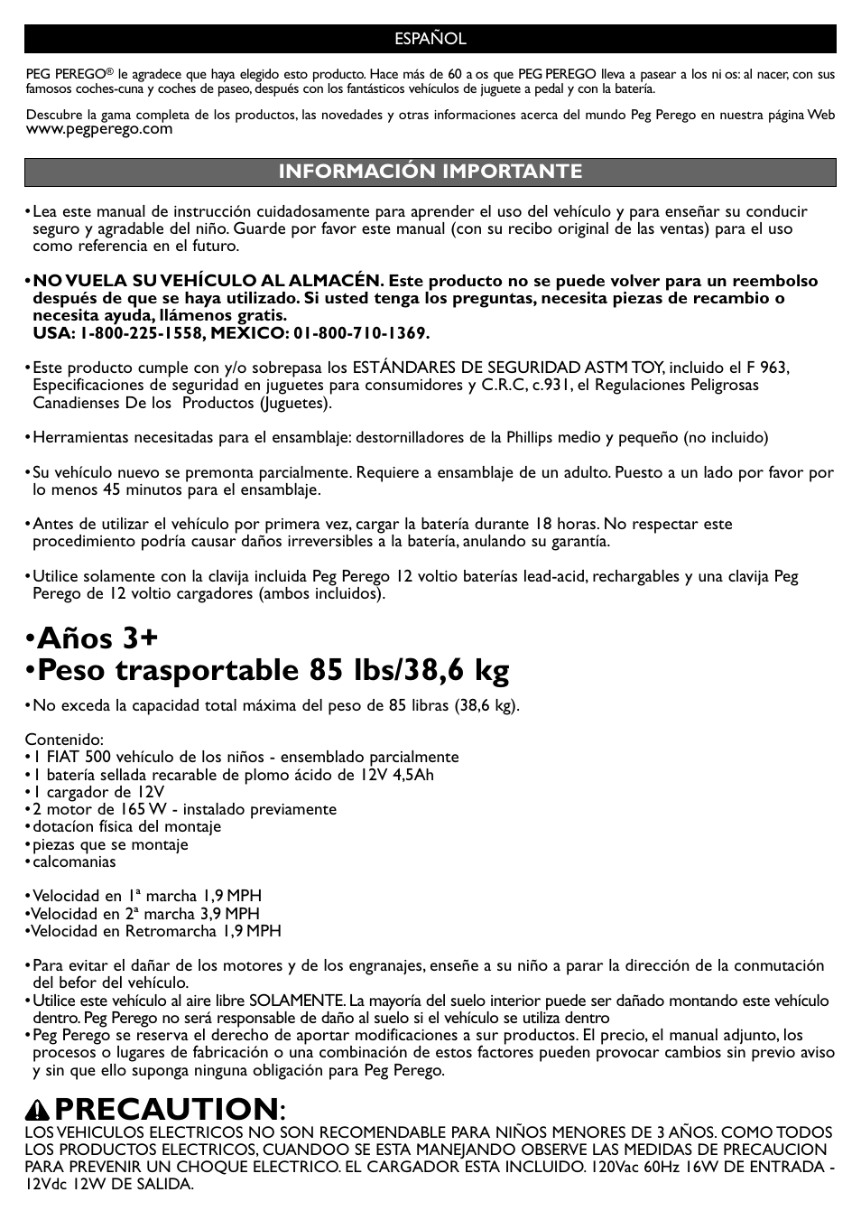 Precaution | Peg-Perego Fiat 500 User Manual | Page 13 / 24