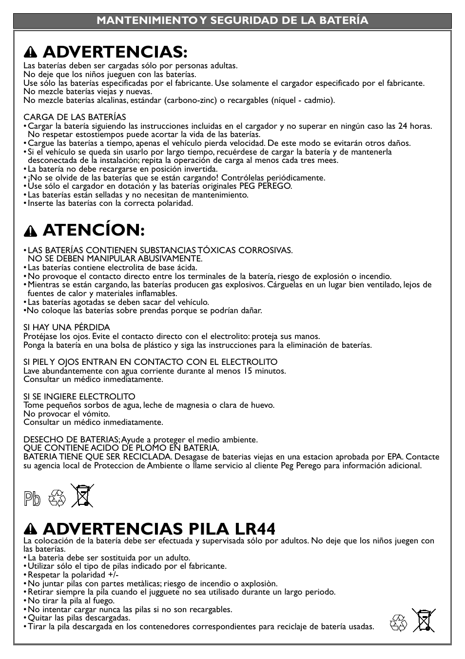 Advertencias, Atencíon, Advertencias pila lr44 | Peg-Perego Fiat 500 User Manual | Page 14 / 24