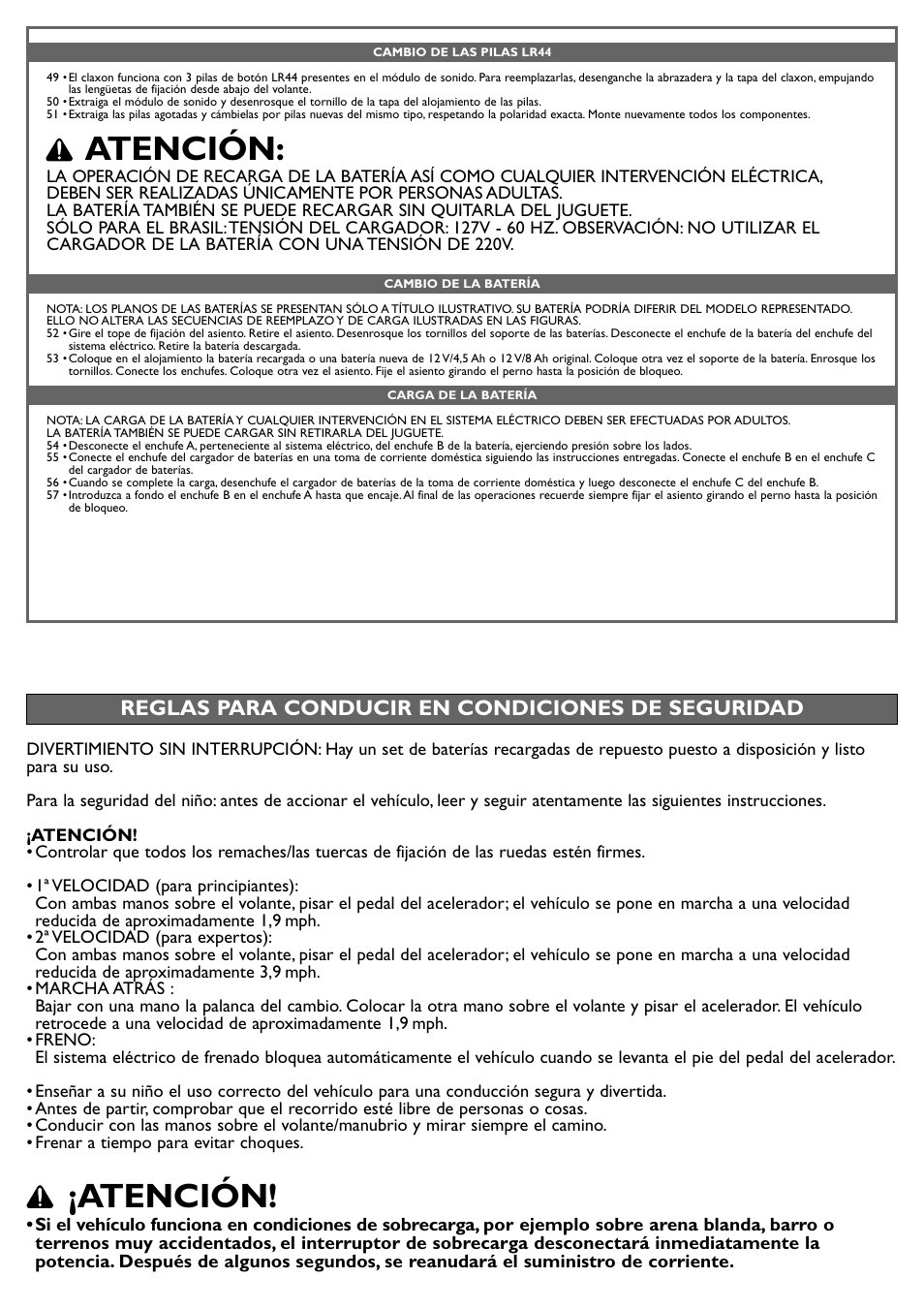 Atención, Reglas para conducir en condiciones de seguridad | Peg-Perego Fiat 500 User Manual | Page 16 / 24