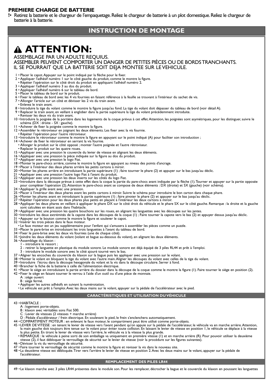 Attention, Instruction de montage | Peg-Perego Fiat 500 User Manual | Page 20 / 24