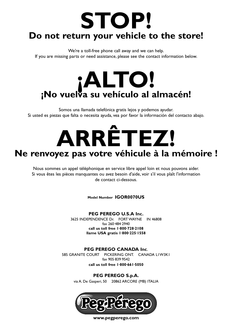 Stop, Alto, Arrêtez | Do not return your vehicle to the store, No vuelva su vehículo al almacén, Ne renvoyez pas votre véhicule à la mémoire | Peg-Perego Fiat 500 User Manual | Page 24 / 24