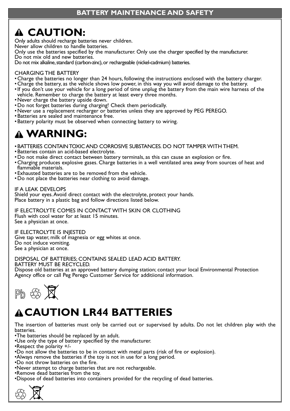 Caution, Warning, Caution lr44 batteries | Peg-Perego Fiat 500 User Manual | Page 9 / 24