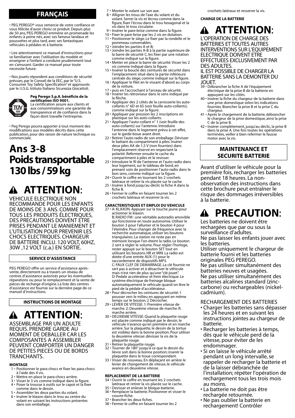 Attention, Precaution, Français | Maintenance et securite batterie | Peg-Perego Gaucho Rocin User Manual | Page 12 / 16