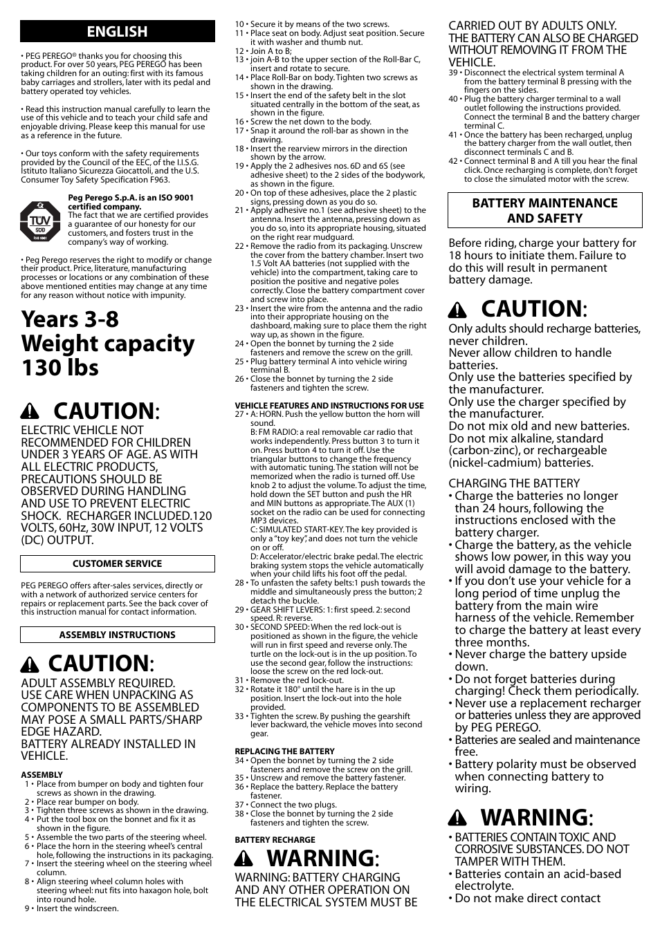 Caution, Warning, English | Battery maintenance and safety | Peg-Perego Gaucho Rocin User Manual | Page 7 / 16