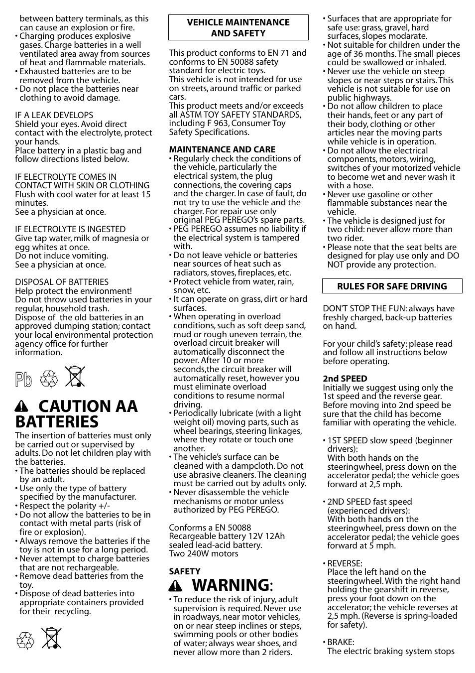 Caution aa batteries, Warning | Peg-Perego Gaucho Rocin User Manual | Page 8 / 16