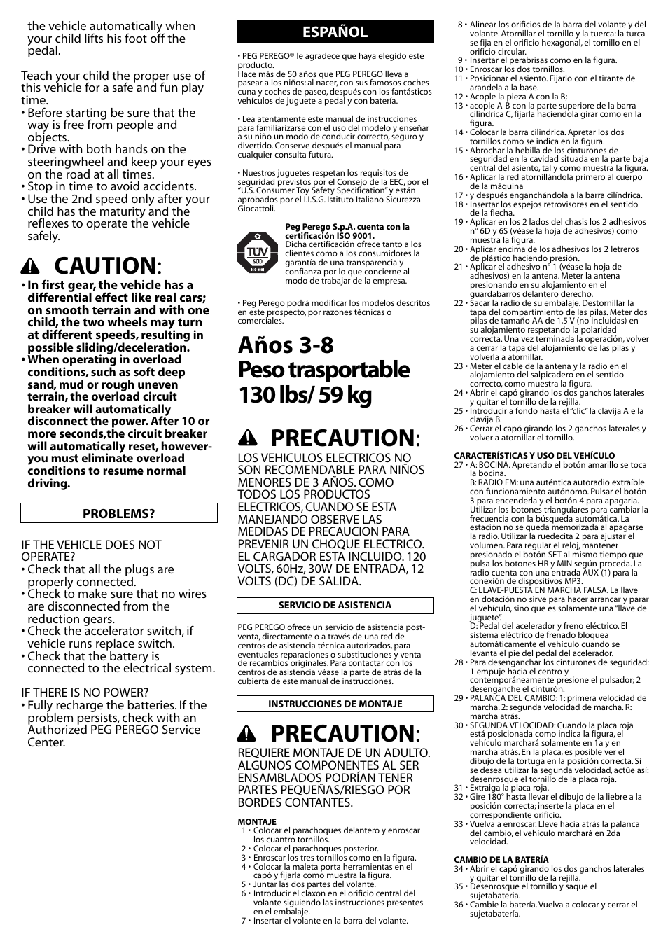 Caution, Precaution, Español | Problems | Peg-Perego Gaucho Rocin User Manual | Page 9 / 16