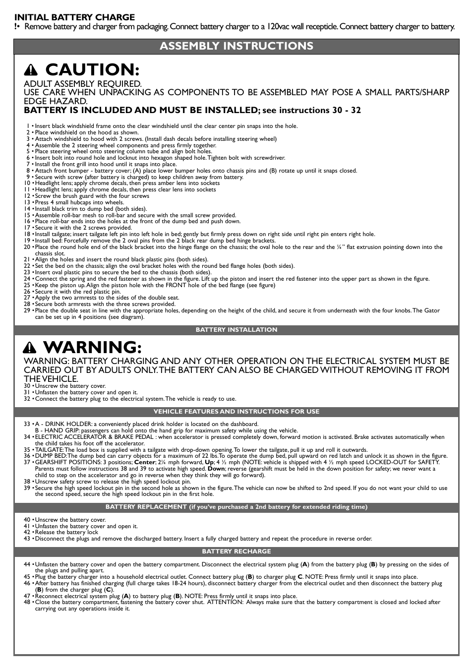Caution, Warning, Assembly instructions | Peg-Perego JD Gator XUV User Manual | Page 10 / 24