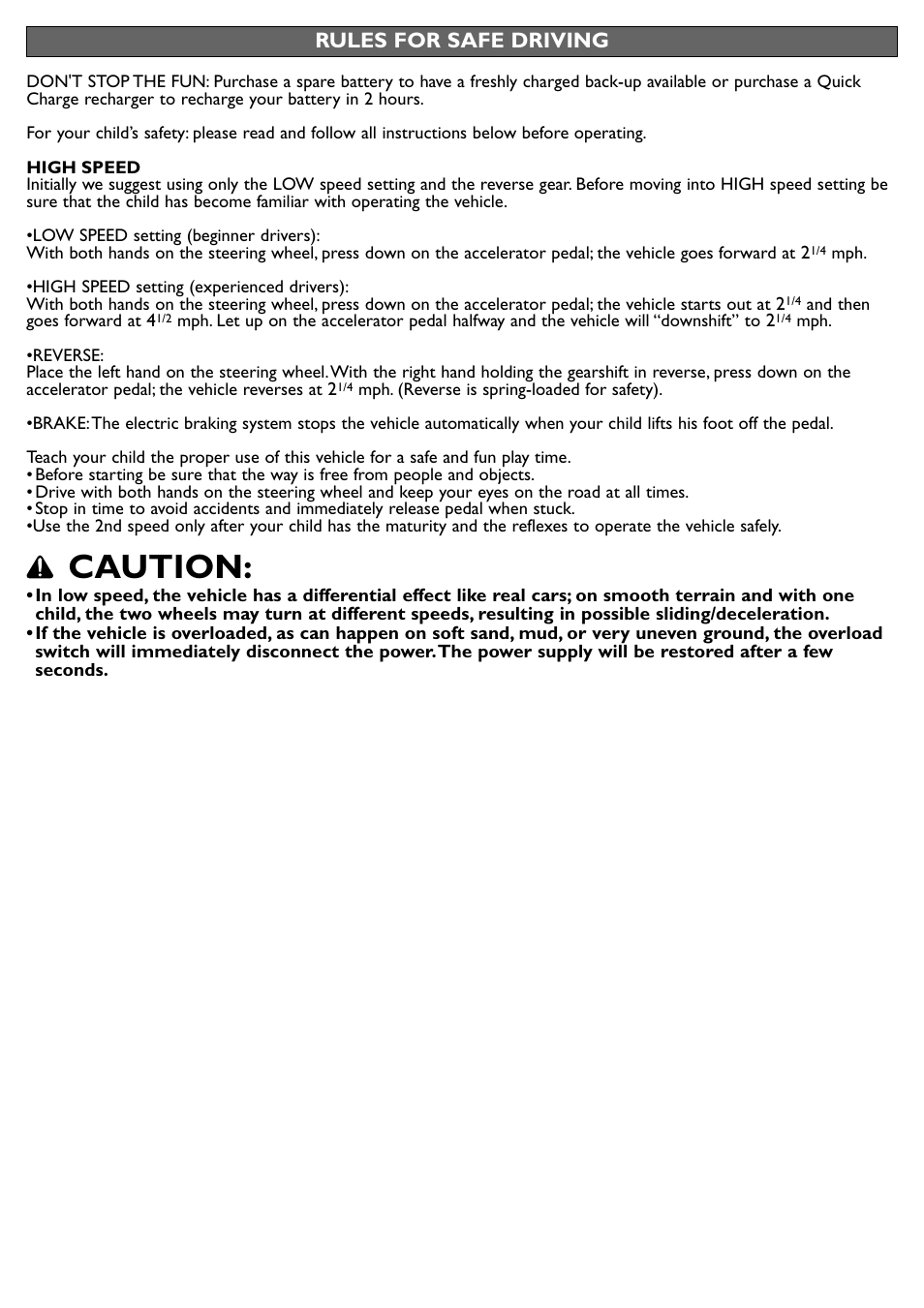 Caution, Rules for safe driving | Peg-Perego JD Gator XUV User Manual | Page 11 / 24