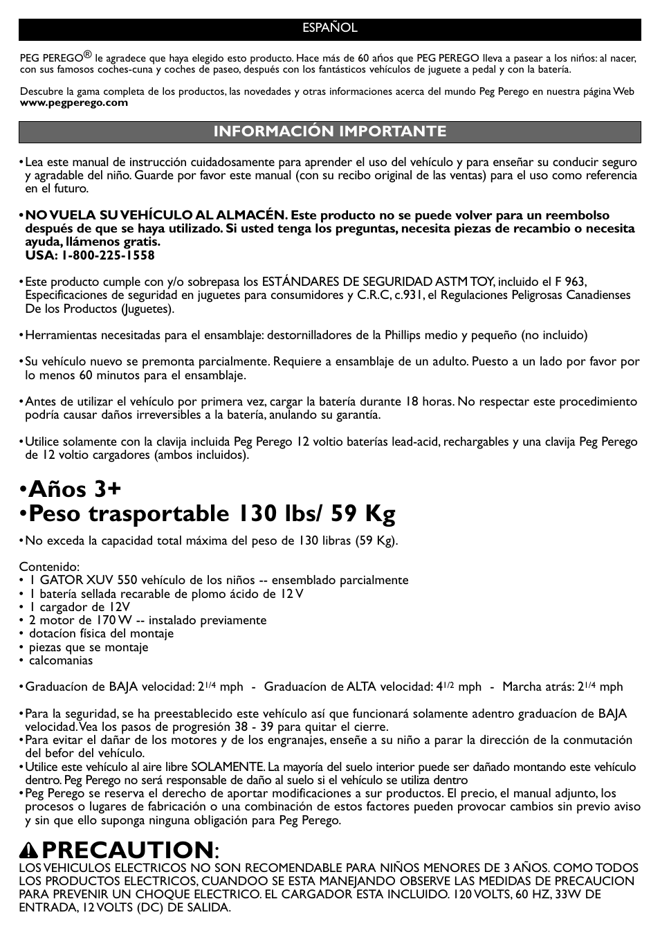 Precaution | Peg-Perego JD Gator XUV User Manual | Page 13 / 24