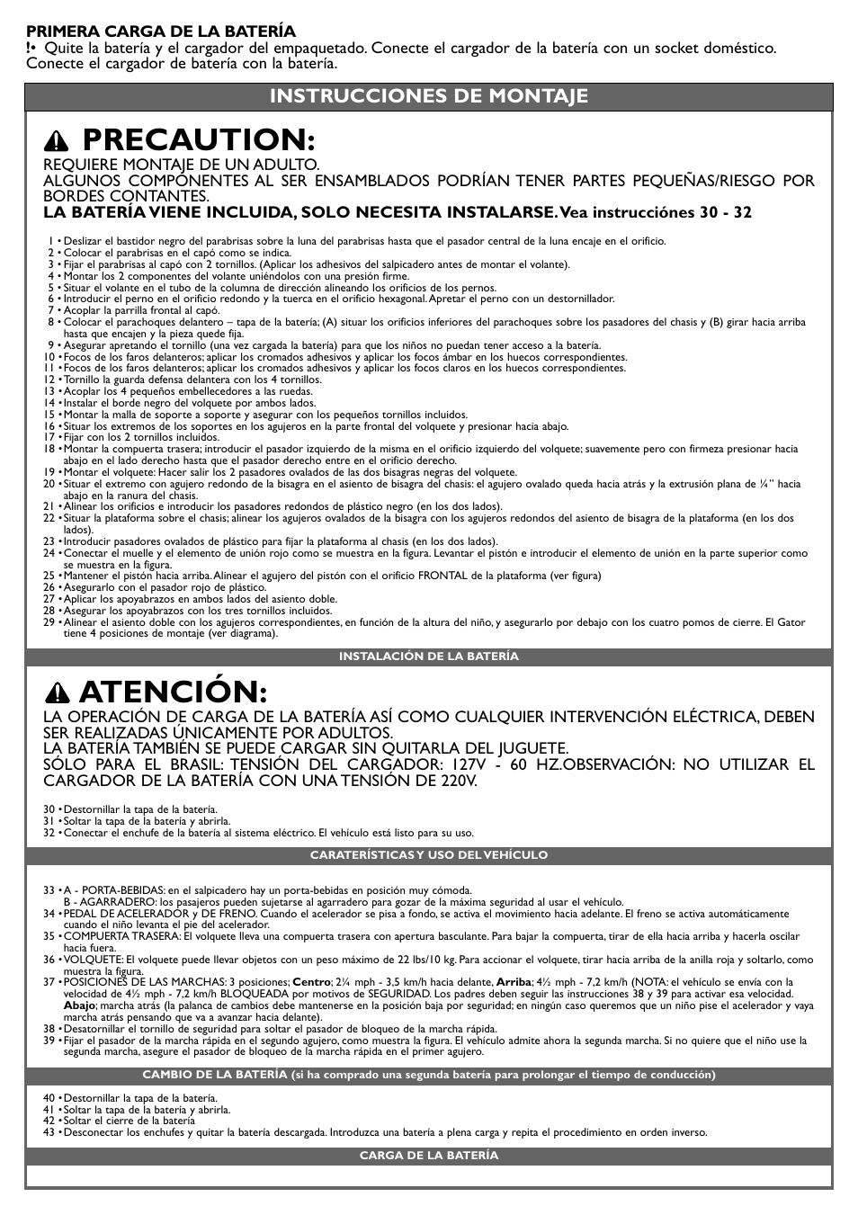 Precaution, Atención, Instrucciones de montaje | Peg-Perego JD Gator XUV User Manual | Page 15 / 24