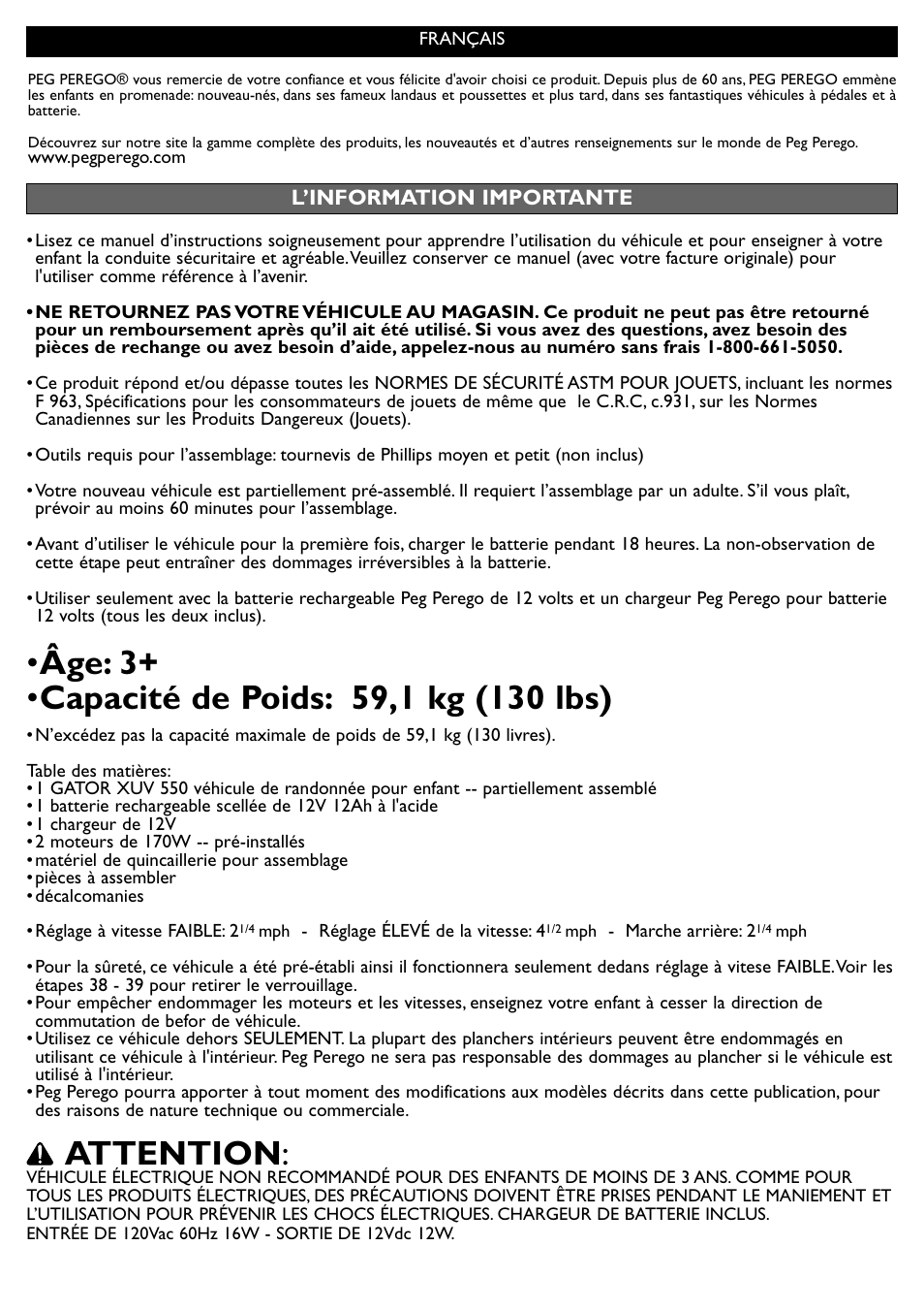 Attention | Peg-Perego JD Gator XUV User Manual | Page 18 / 24