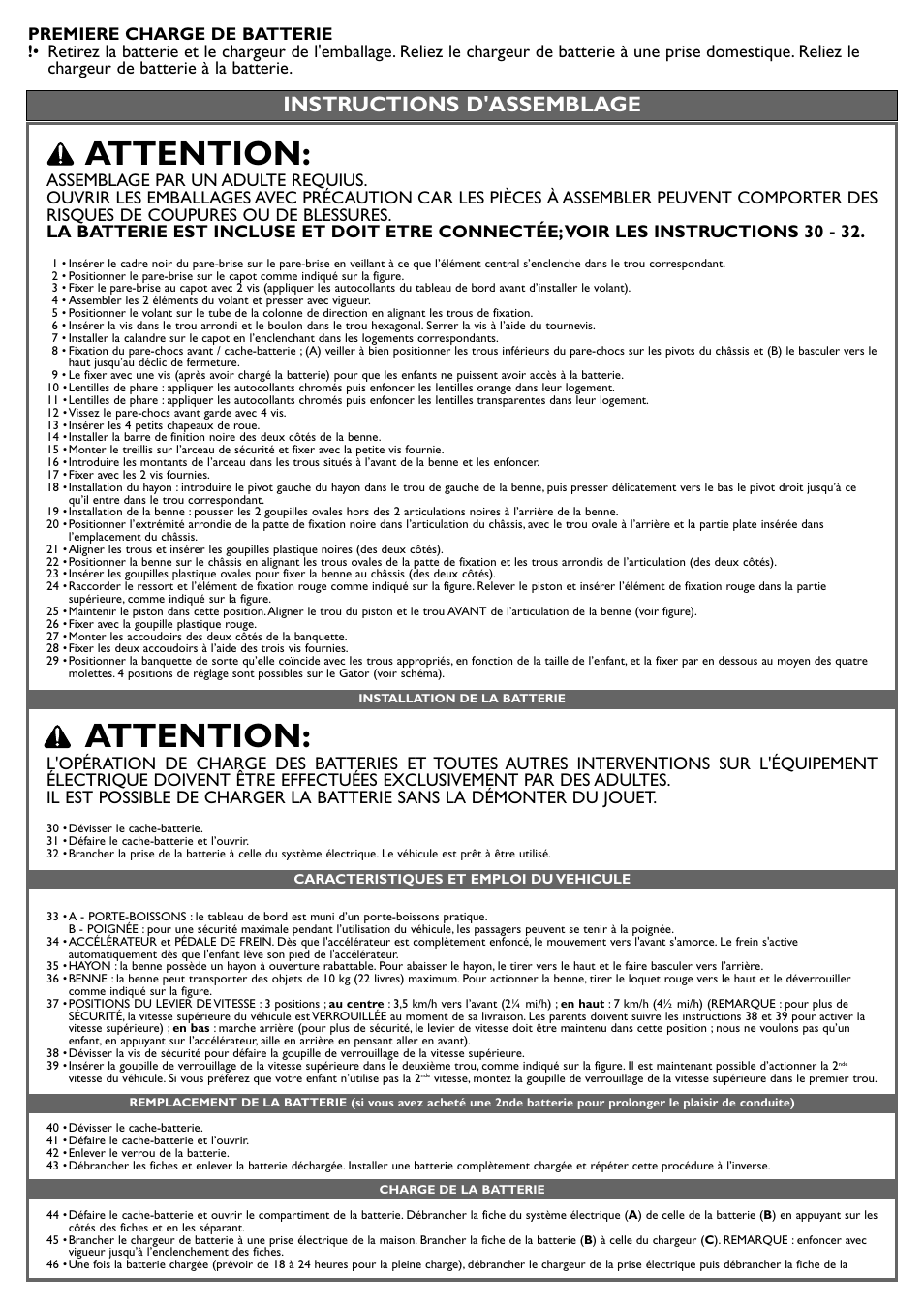 Attention, Instructions d'assemblage | Peg-Perego JD Gator XUV User Manual | Page 20 / 24