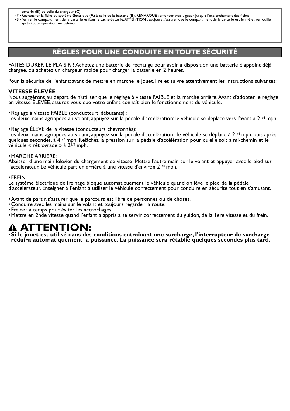 Attention, Règles pour une conduite en toute sécurité | Peg-Perego JD Gator XUV User Manual | Page 21 / 24