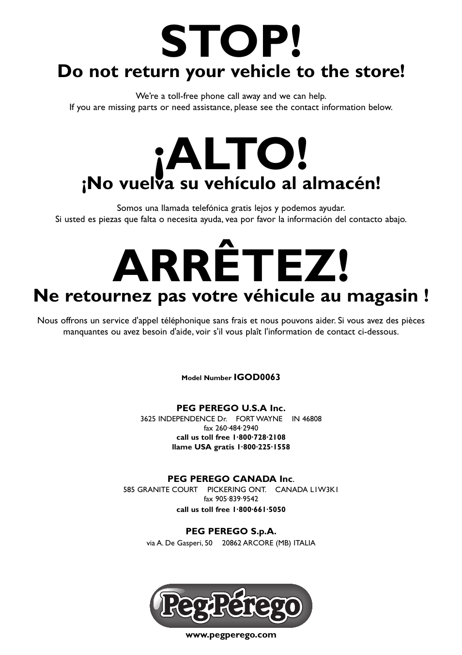 Stop, Alto, Arrêtez | Do not return your vehicle to the store, No vuelva su vehículo al almacén, Ne retournez pas votre véhicule au magasin | Peg-Perego JD Gator XUV User Manual | Page 24 / 24