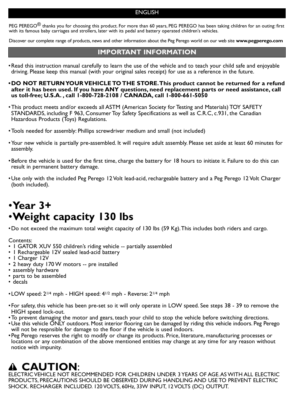 Year 3+ • weight capacity 130 lbs, Caution | Peg-Perego JD Gator XUV User Manual | Page 8 / 24