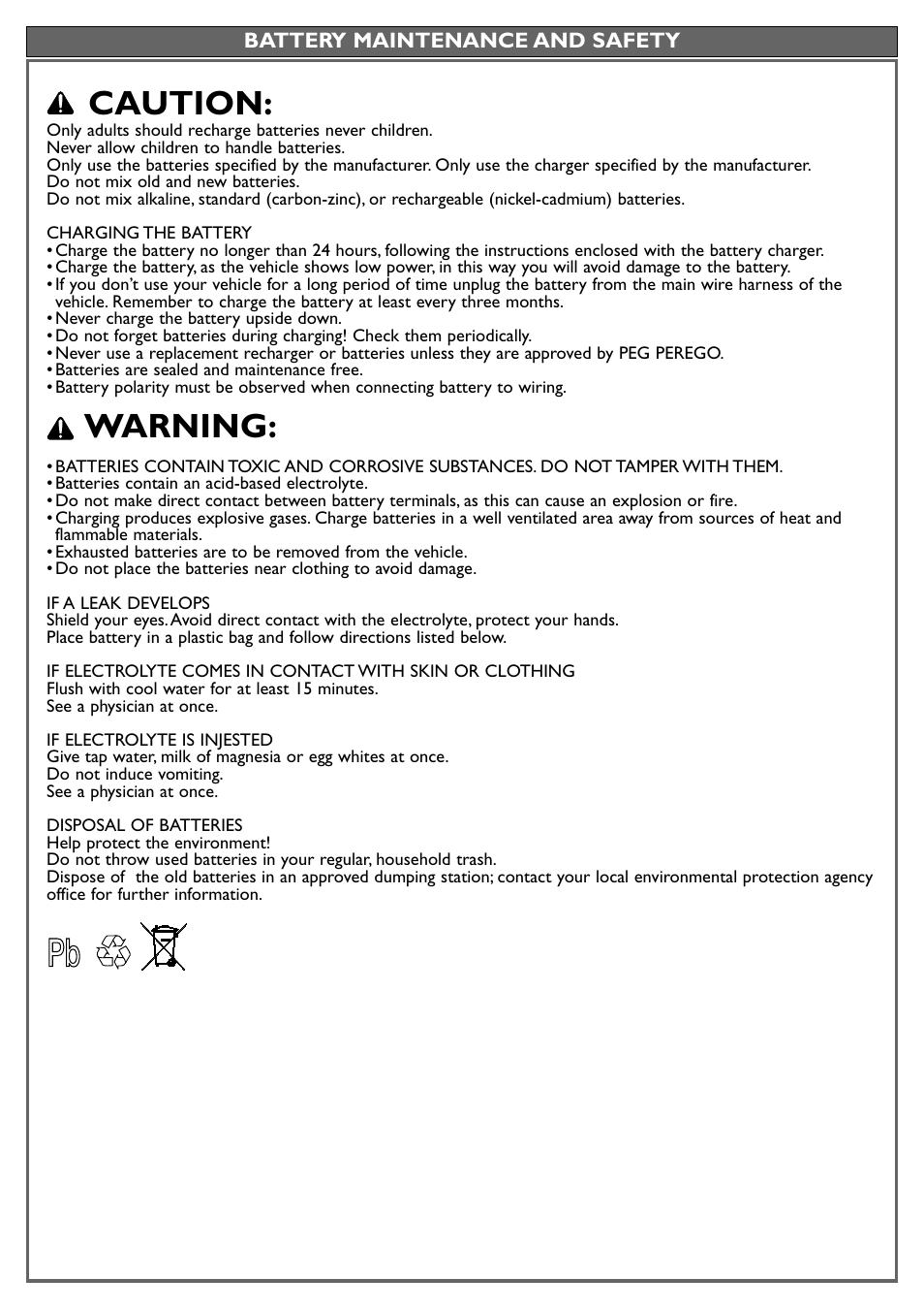 Caution, Warning | Peg-Perego JD Gator XUV User Manual | Page 9 / 24