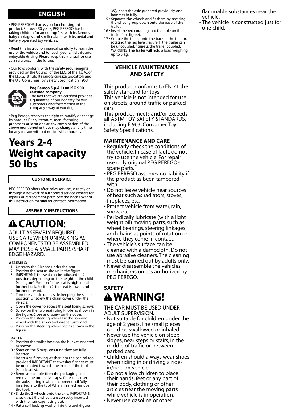 Warning, Years 2-4 weight capacity 50 lbs, Caution | English | Peg-Perego John Deere Farm Tractor with Trailer User Manual | Page 5 / 8