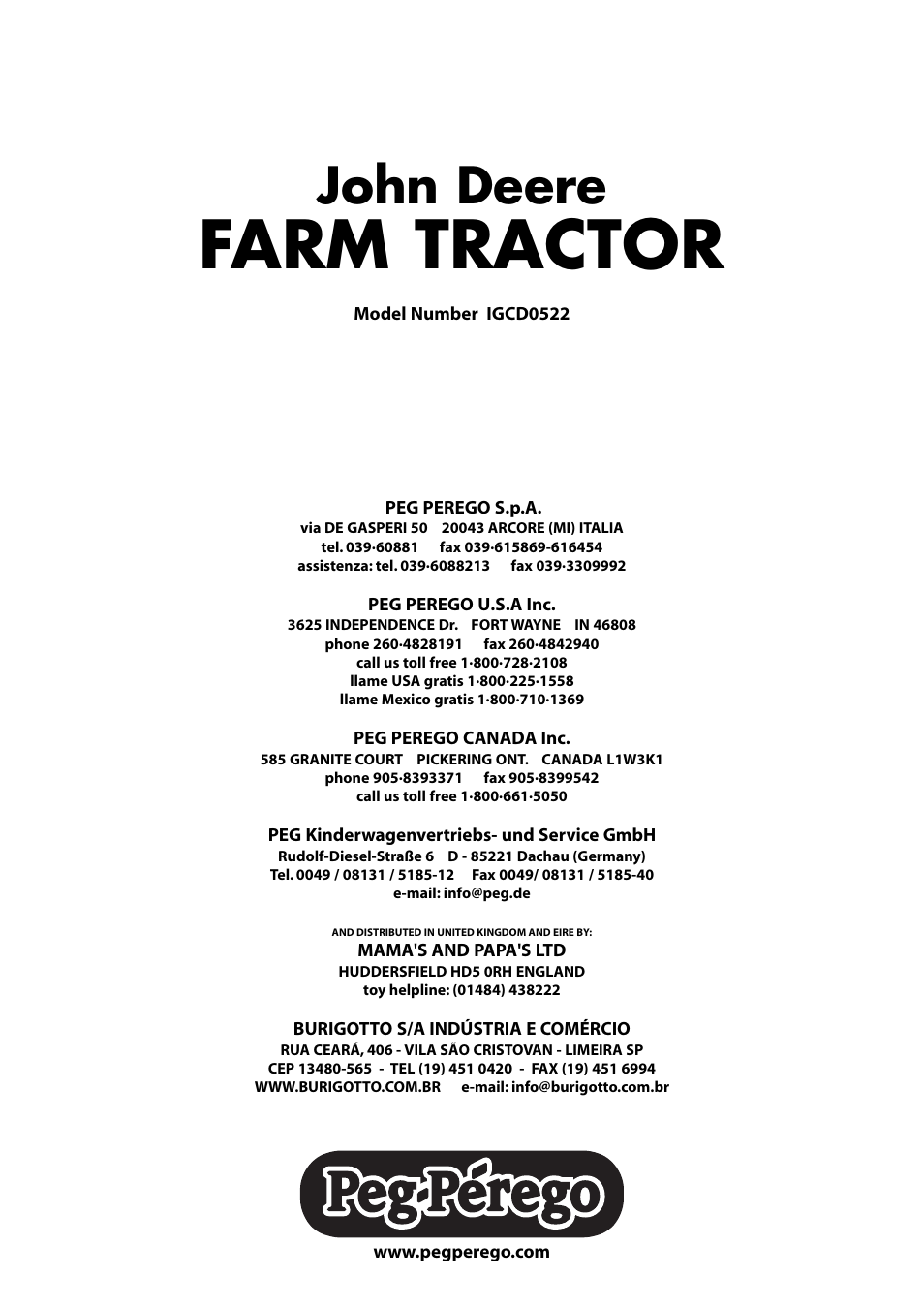Farm tractor, John deere | Peg-Perego John Deere Farm Tractor with Trailer User Manual | Page 8 / 8