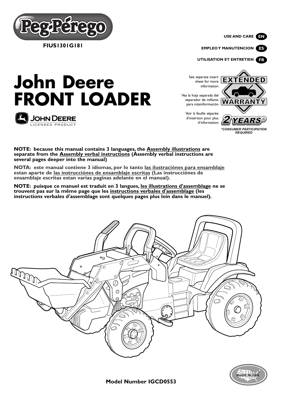 Peg-Perego John Deere Front Loader User Manual | 16 pages