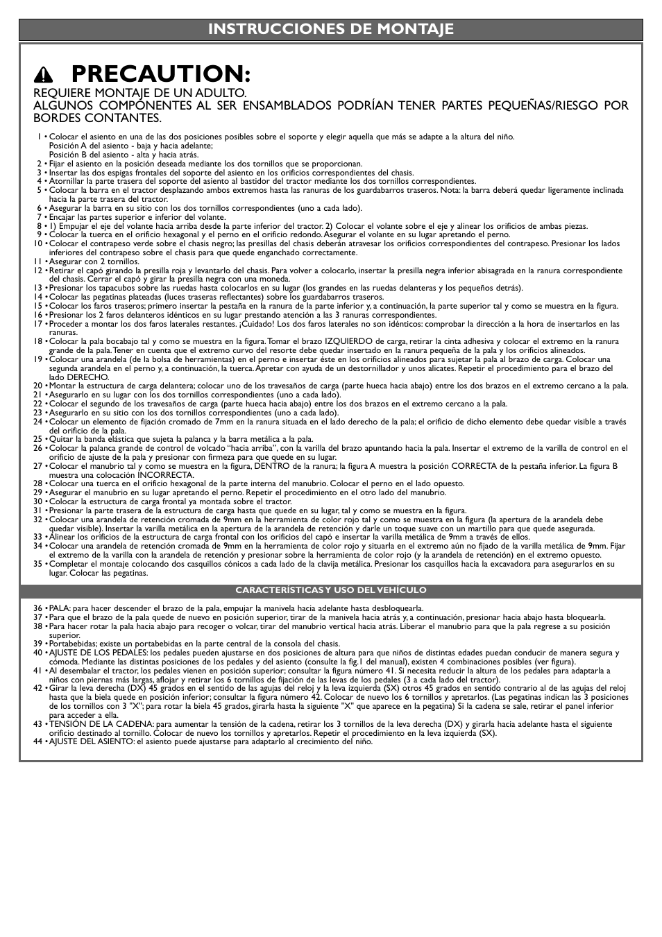 Precaution, Instrucciones de montaje | Peg-Perego John Deere Front Loader User Manual | Page 11 / 16