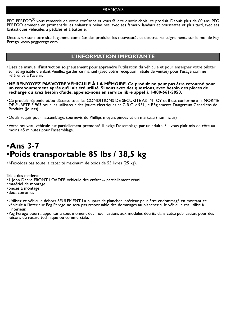 Peg-Perego John Deere Front Loader User Manual | Page 13 / 16
