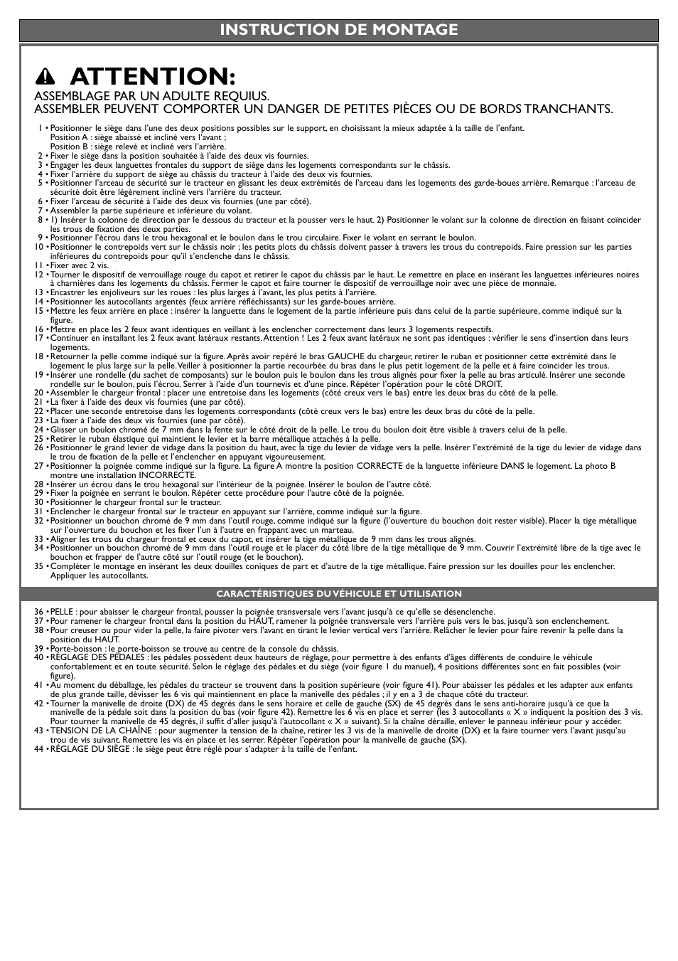 Attention, Instruction de montage | Peg-Perego John Deere Front Loader User Manual | Page 14 / 16