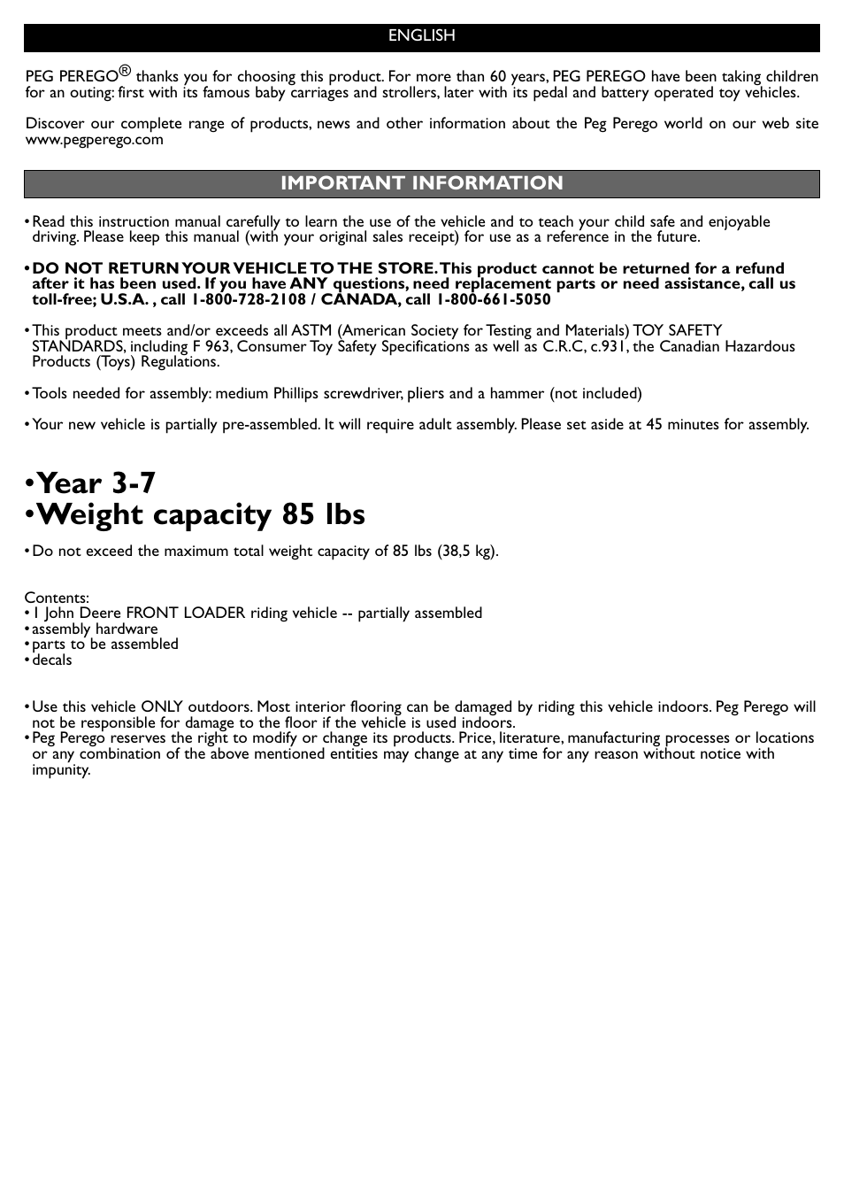 Year 3-7 • weight capacity 85 lbs | Peg-Perego John Deere Front Loader User Manual | Page 7 / 16