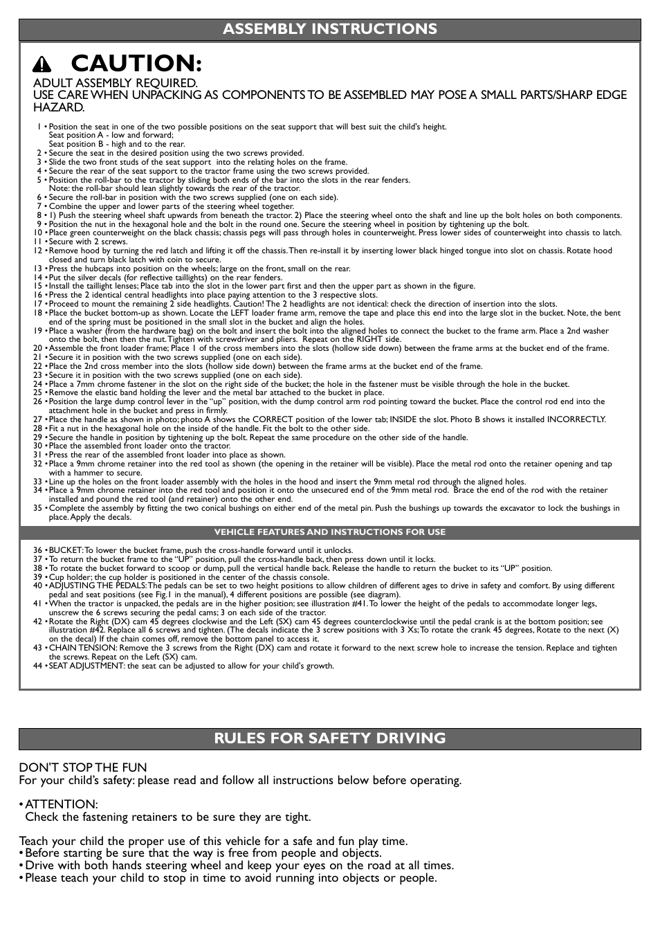 Caution, Assembly instructions, Rules for safety driving | Peg-Perego John Deere Front Loader User Manual | Page 8 / 16