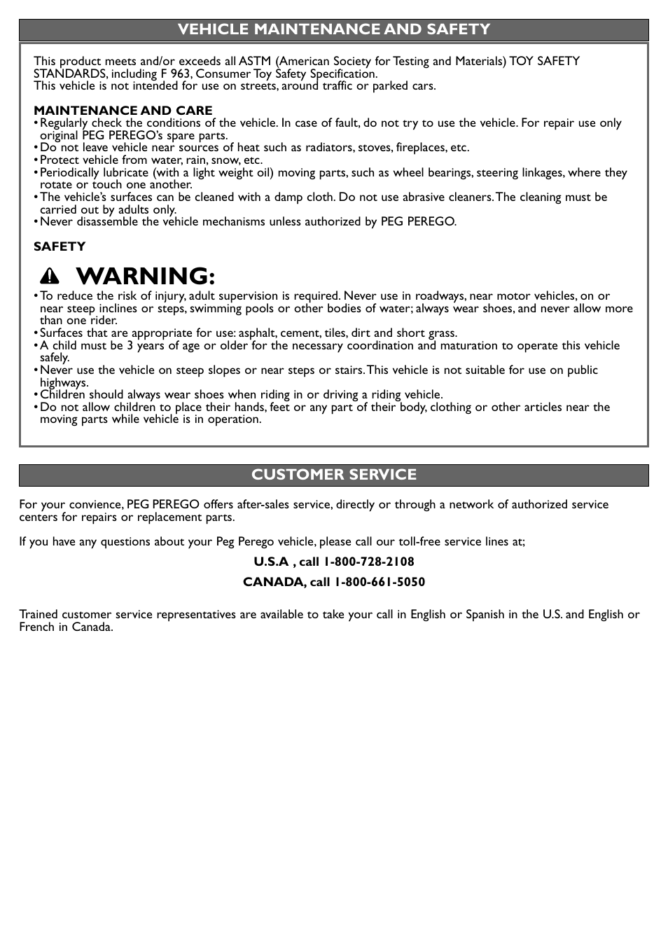 Warning | Peg-Perego John Deere Front Loader User Manual | Page 9 / 16