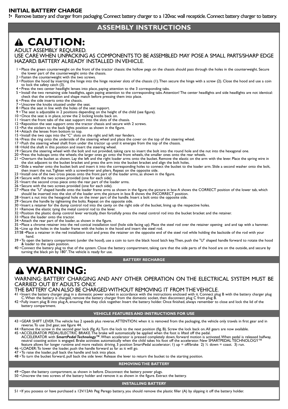 Caution, Warning, Assembly instructions | Peg-Perego John Deere Ground Loader User Manual | Page 10 / 24