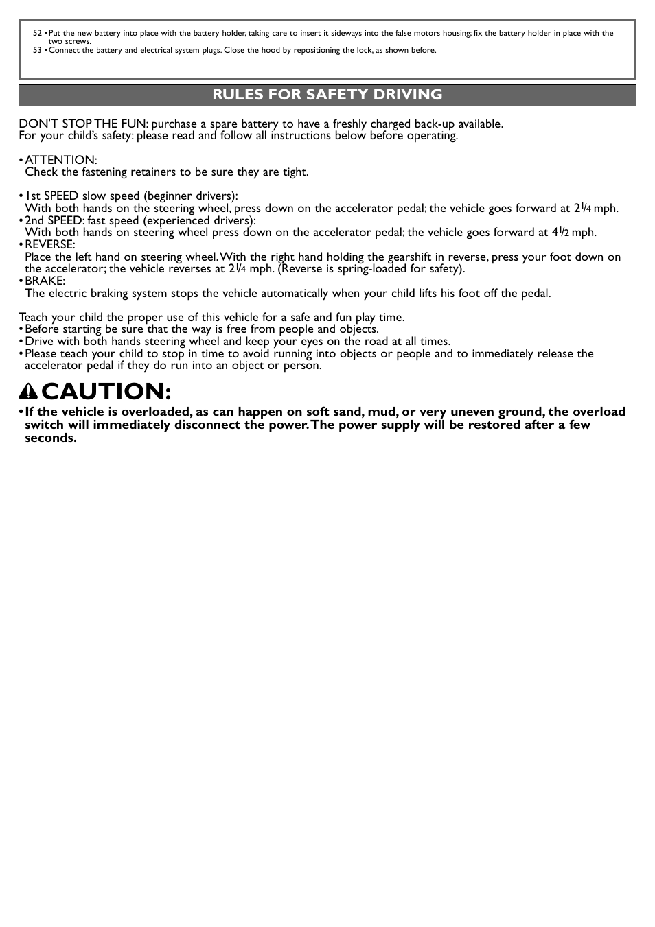 Caution, Rules for safety driving | Peg-Perego John Deere Ground Loader User Manual | Page 11 / 24