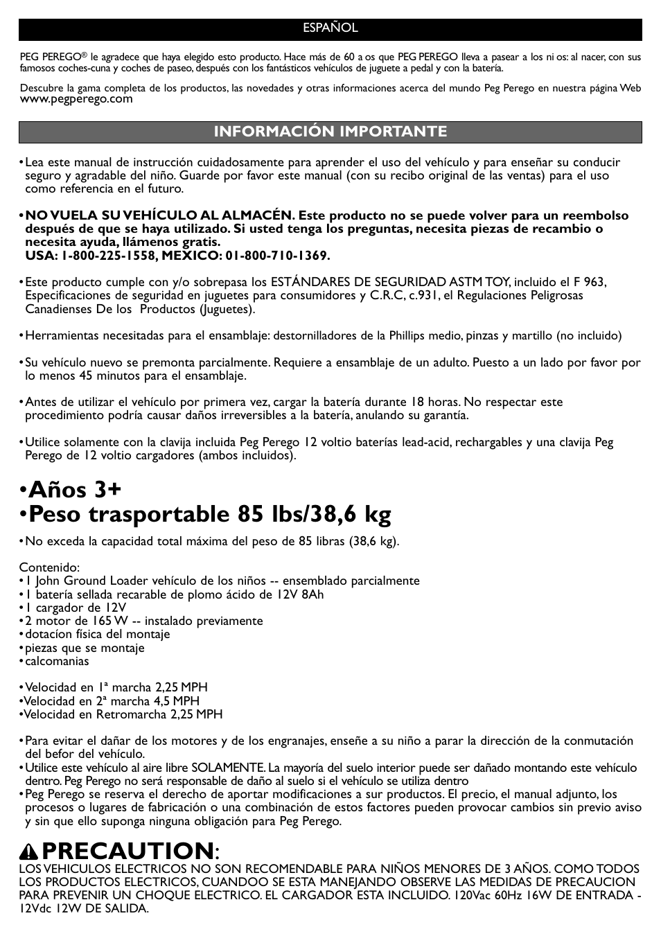 Precaution | Peg-Perego John Deere Ground Loader User Manual | Page 13 / 24