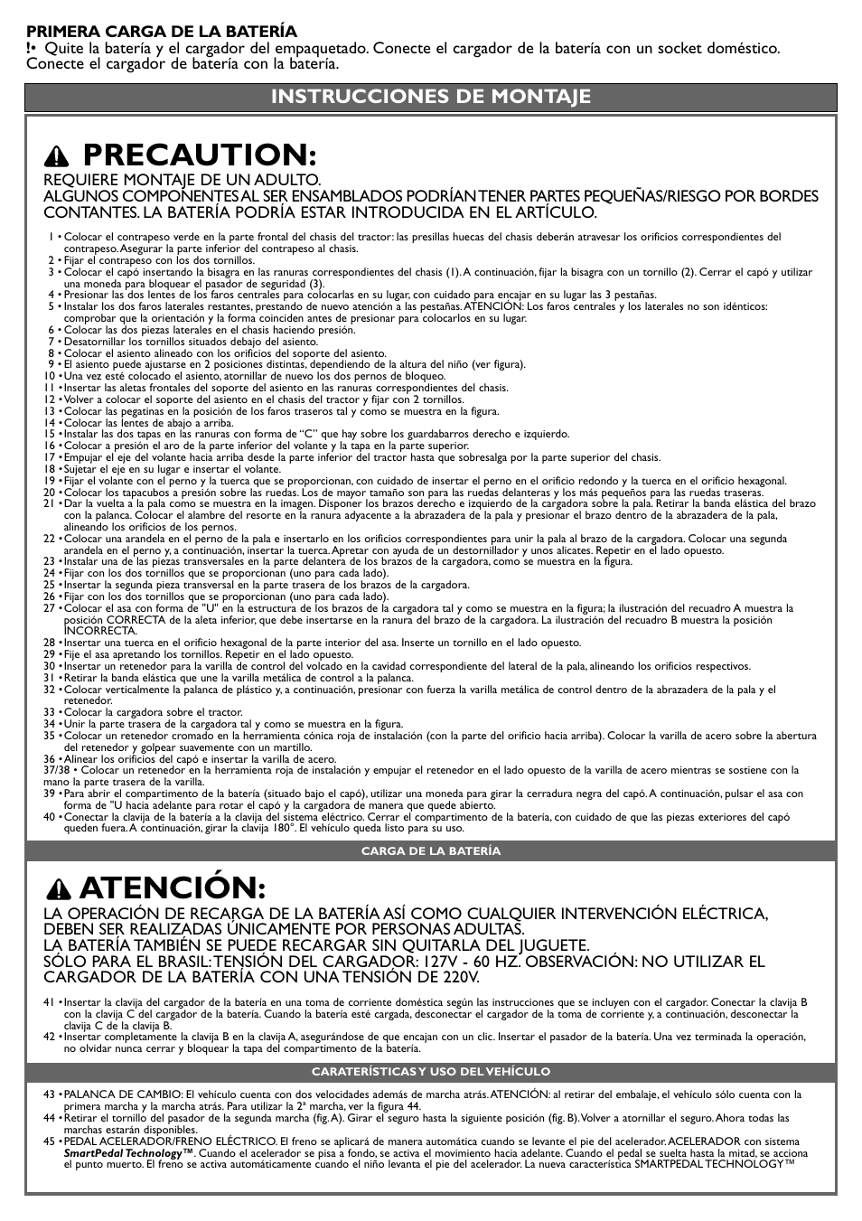 Precaution, Atención, Instrucciones de montaje | Peg-Perego John Deere Ground Loader User Manual | Page 15 / 24