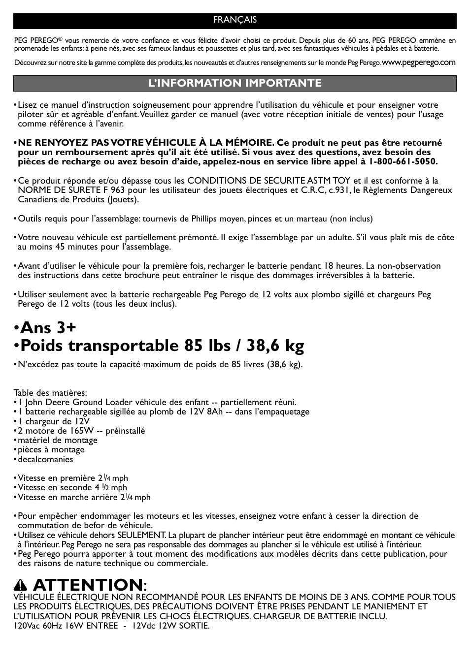 Attention, L’information importante | Peg-Perego John Deere Ground Loader User Manual | Page 18 / 24