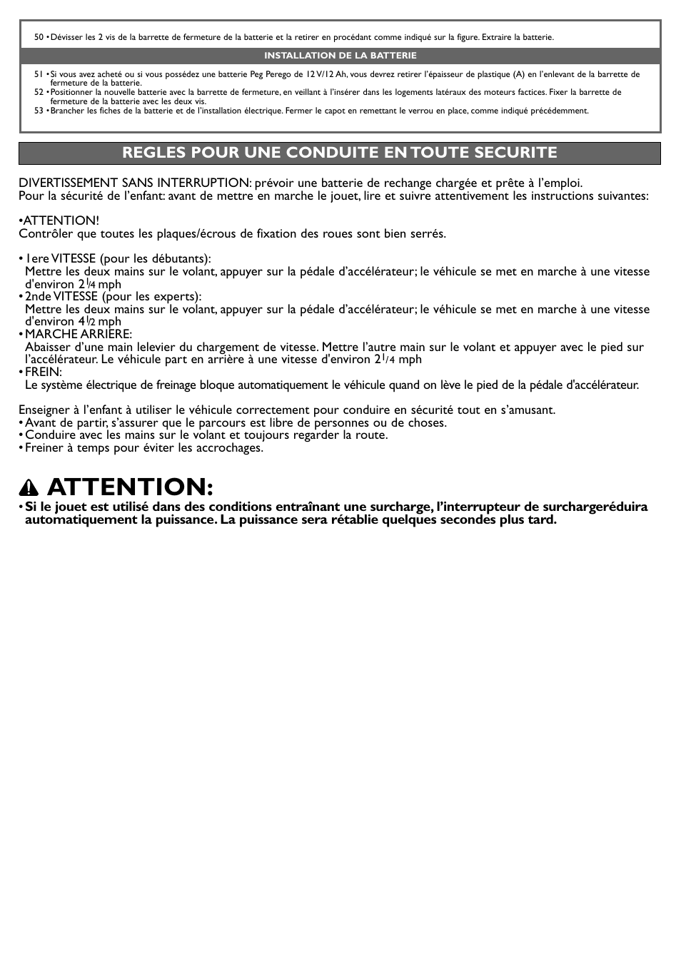 Attention, Regles pour une conduite en toute securite | Peg-Perego John Deere Ground Loader User Manual | Page 21 / 24