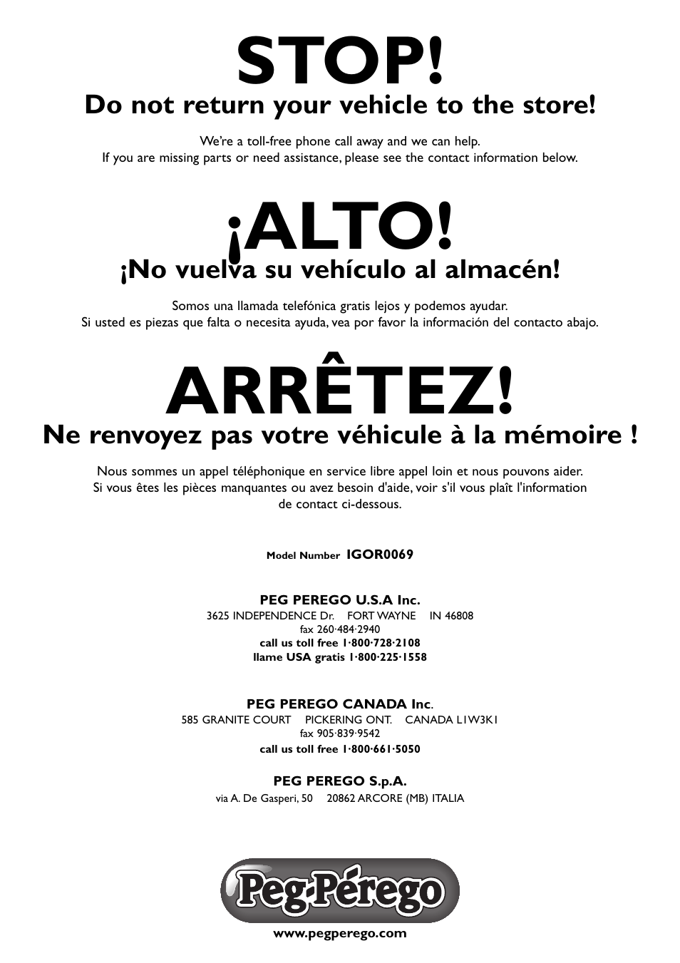 Stop, Alto, Arrêtez | Do not return your vehicle to the store, No vuelva su vehículo al almacén, Ne renvoyez pas votre véhicule à la mémoire | Peg-Perego John Deere Ground Loader User Manual | Page 24 / 24