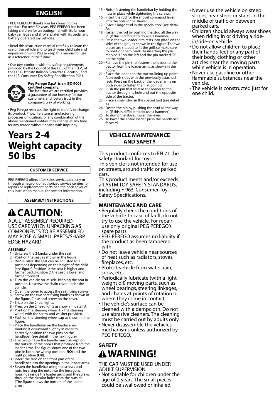 Warning, Years 2-4 weight capacity 50 lbs, Caution | English, Vehicle maintenance and safety | Peg-Perego John Deere Mini Power Loader User Manual | Page 5 / 8