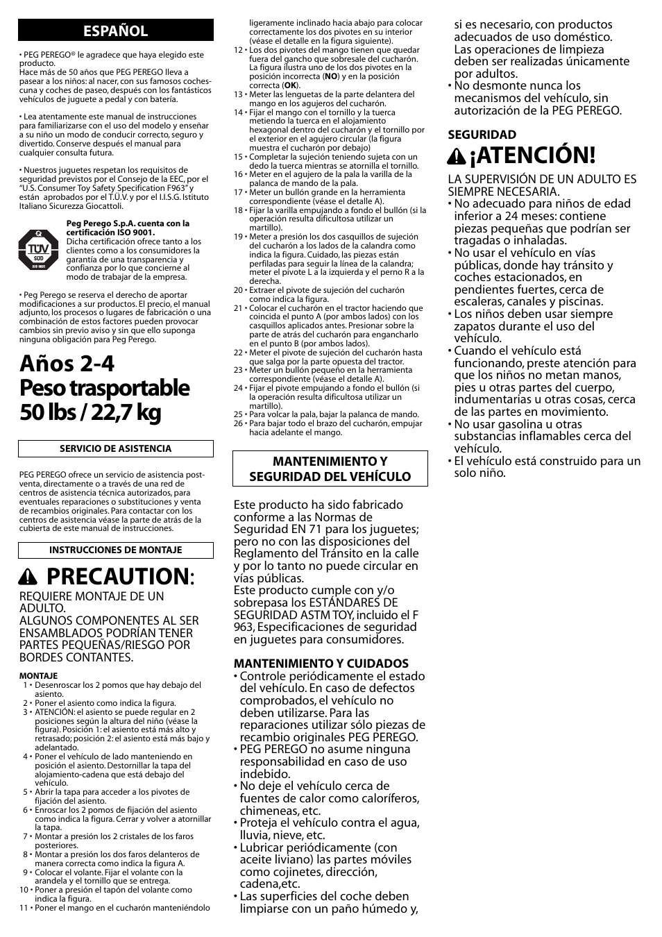 Precaution, Atención, Español | Mantenimiento y seguridad del vehículo | Peg-Perego John Deere Mini Power Loader User Manual | Page 6 / 8