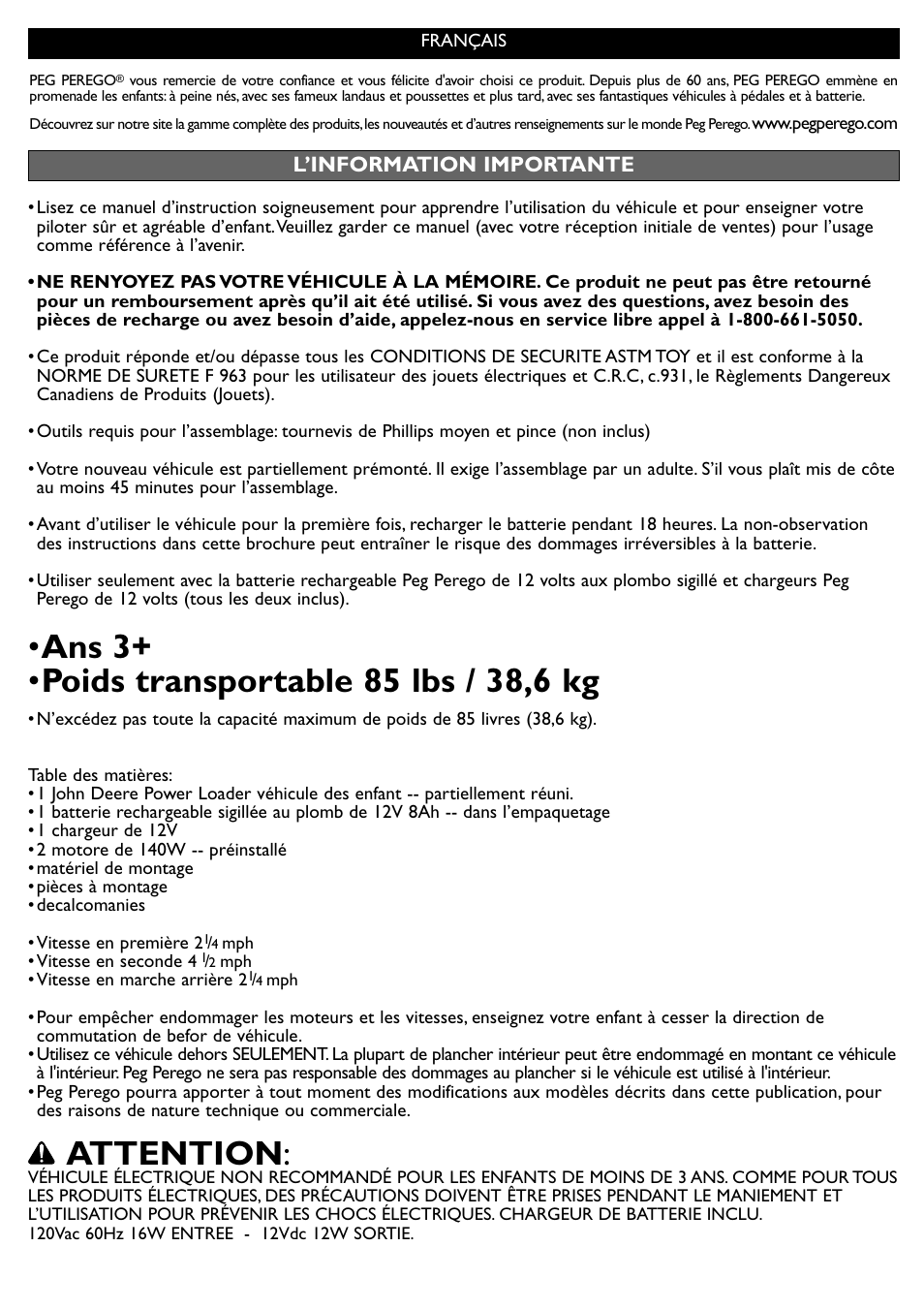 Attention, L’information importante | Peg-Perego John Deere Power Loader User Manual | Page 18 / 24