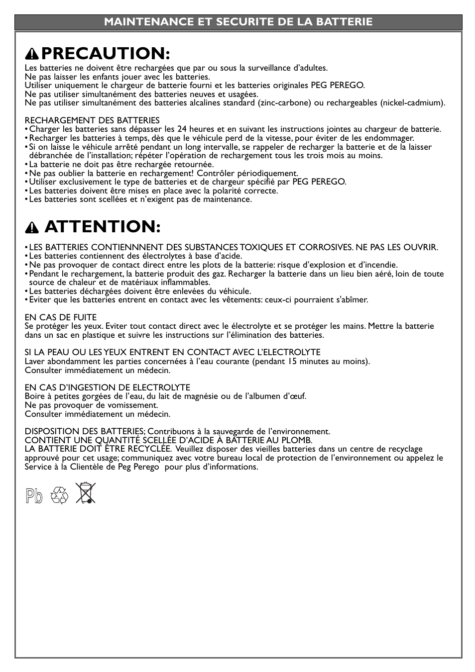 Precaution, Attention | Peg-Perego John Deere Power Loader User Manual | Page 19 / 24