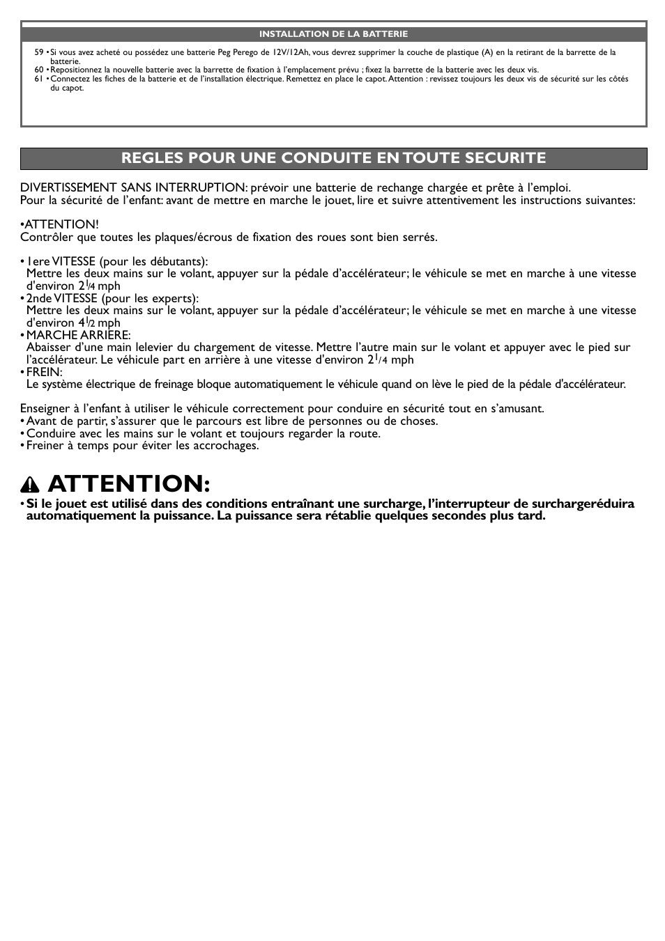 Attention, Regles pour une conduite en toute securite | Peg-Perego John Deere Power Loader User Manual | Page 21 / 24