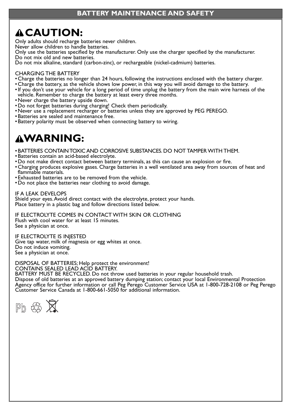 Caution, Warning | Peg-Perego John Deere Power Loader User Manual | Page 9 / 24