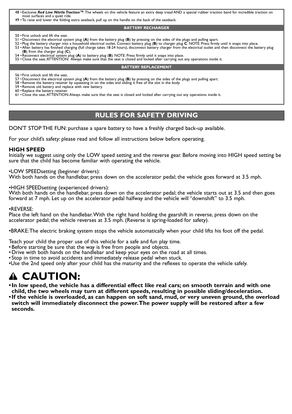 Caution, Rules for safety driving | Peg-Perego Polaris Sportsman 850 User Manual | Page 11 / 24