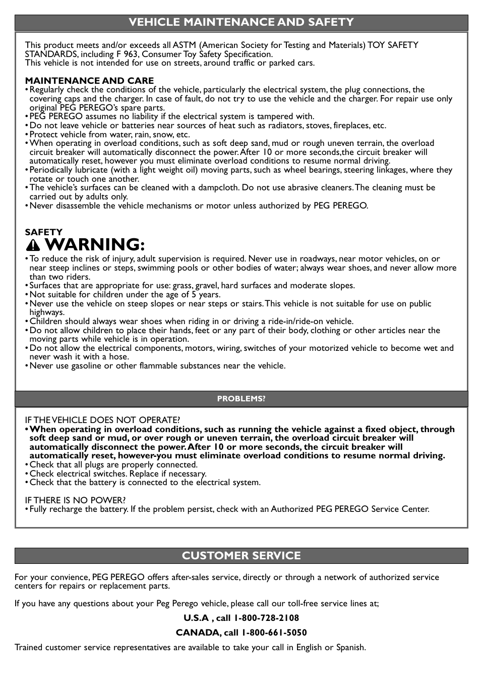 Warning | Peg-Perego Polaris Sportsman 850 User Manual | Page 12 / 24